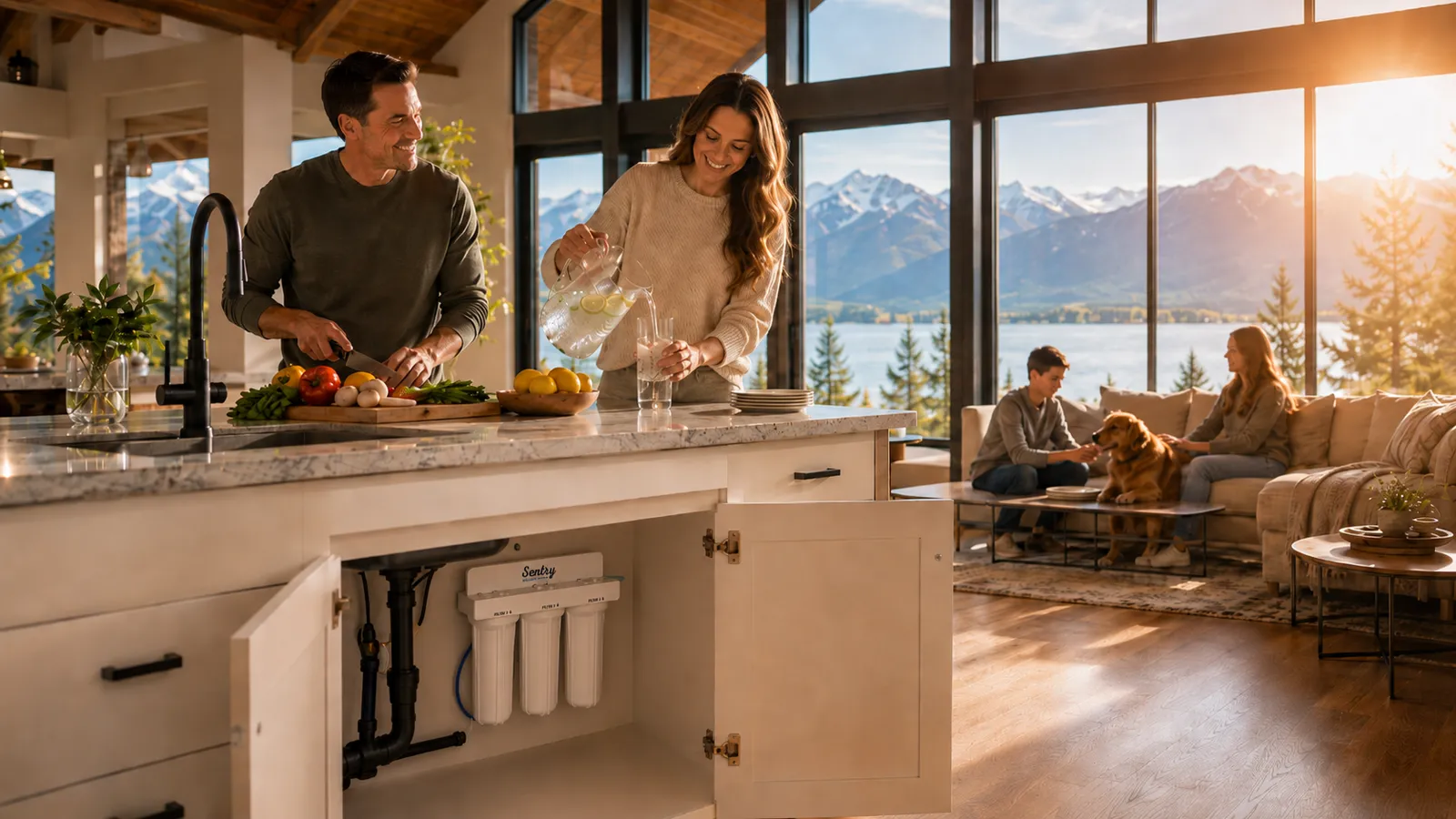 A family enjoying filtered water in a mountain-view kitchen, the Sentry H2O Undersink System installed under the island