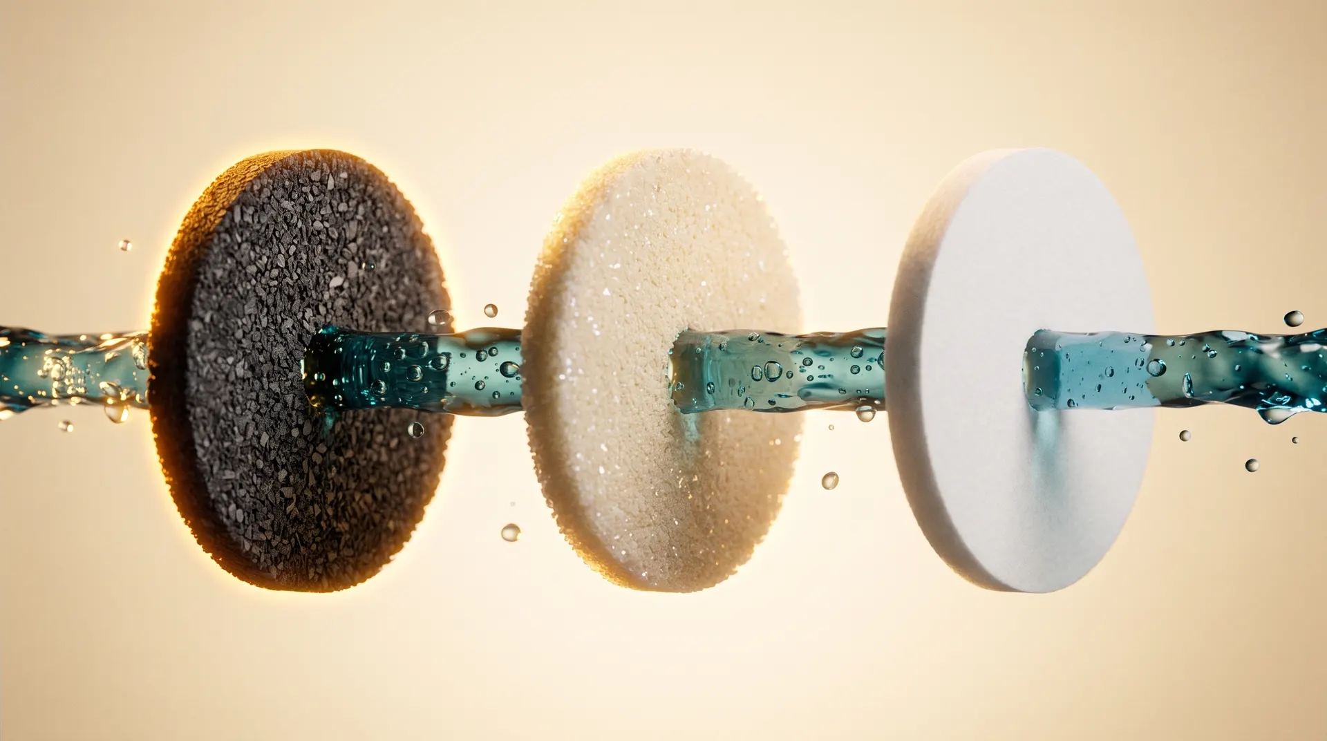 Exploded view of the Sentry H2O filter stages — catalytic carbon and mineral media discs with water threading through, lit in warm gold